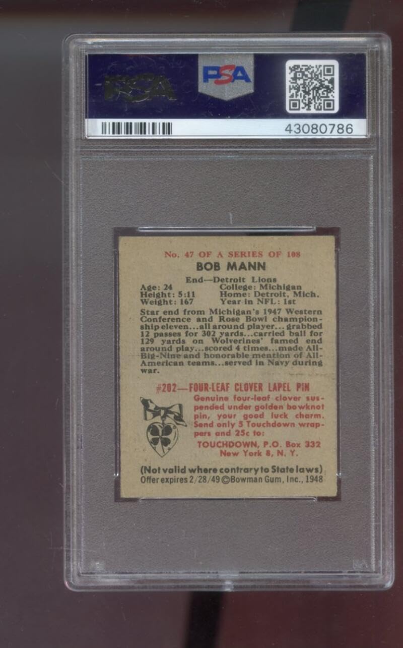 1948 Bowman #47 Bob Mann PSA 6 Graded Football Card NFL Detroit Lions