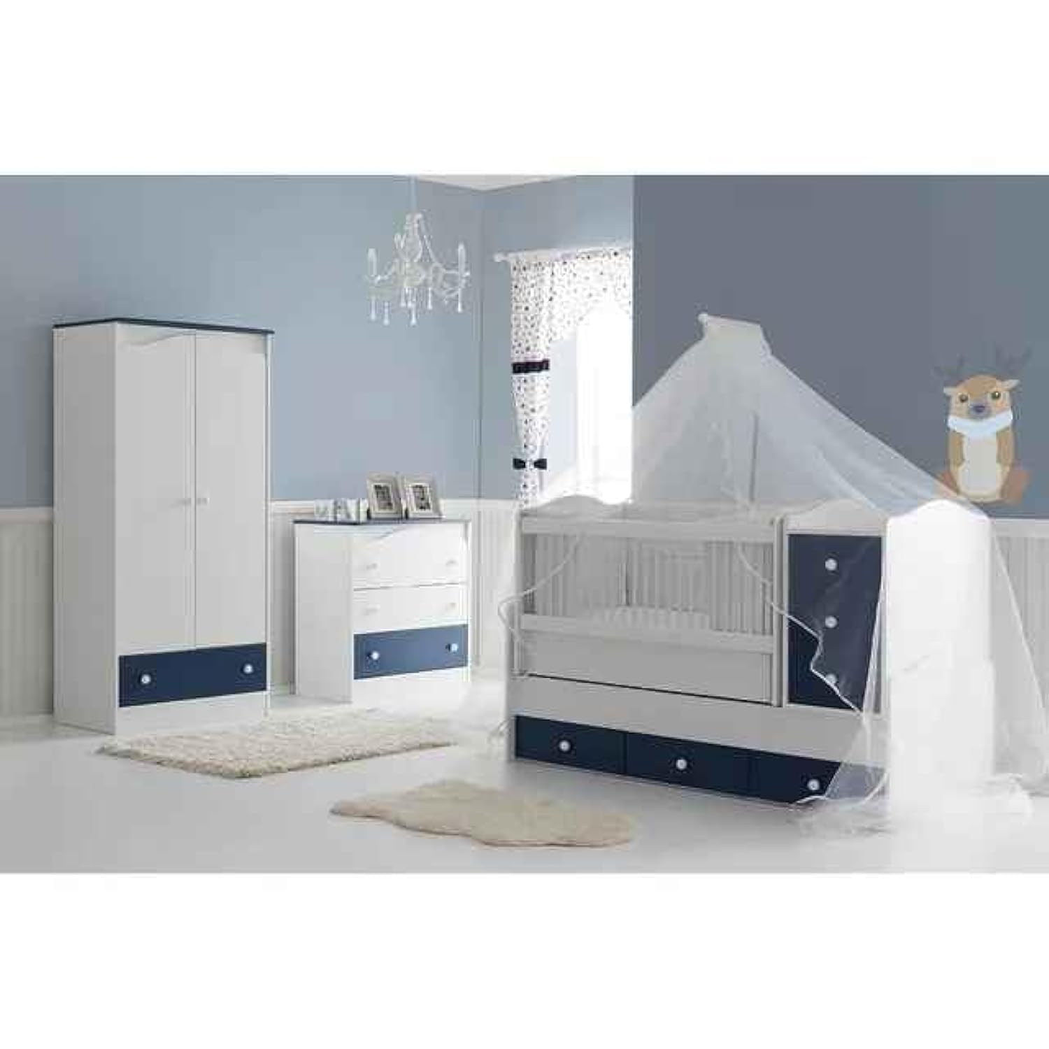 Baby Wooden Bed with Drawers 60x170cm - Kingdom Blue