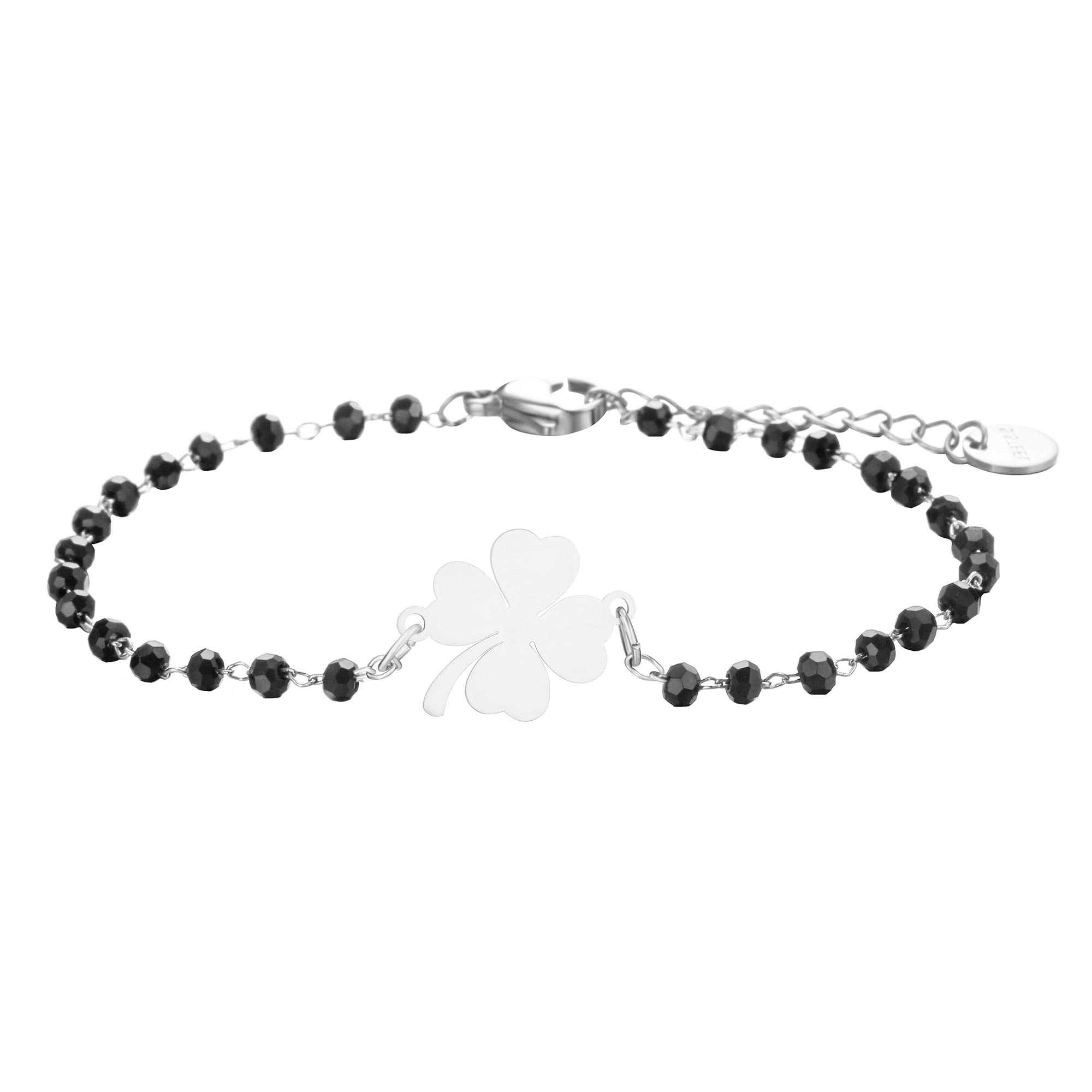 pengjin-Bracciale con ciondolo a quadrifoglio portafortuna, in acciaio inox, con perline nere, semplice braccialetto portafortuna