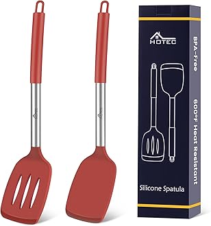 Silicone Spatula Set of 2 Heat-Resistant 600°F & BPA-Free Kitchen SaptulaTurner with Stainless Steel Handles, Slotted & Solid Spatulas for Nonstick Cookware, 13.7 Inch, Red
