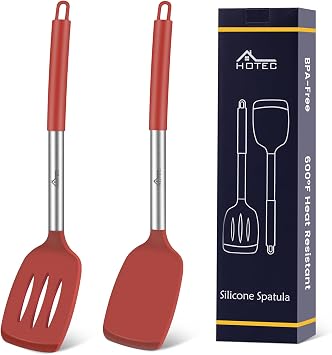HOTEC Silicone Spatula Set of 2 Heat-Resistant 600F & BPA-Free Kitchen SaptulaTurner with Stainless Steel Handles, Slotted & Solid Spatulas for Nonstick Cookware, 13.7 Inch, Red