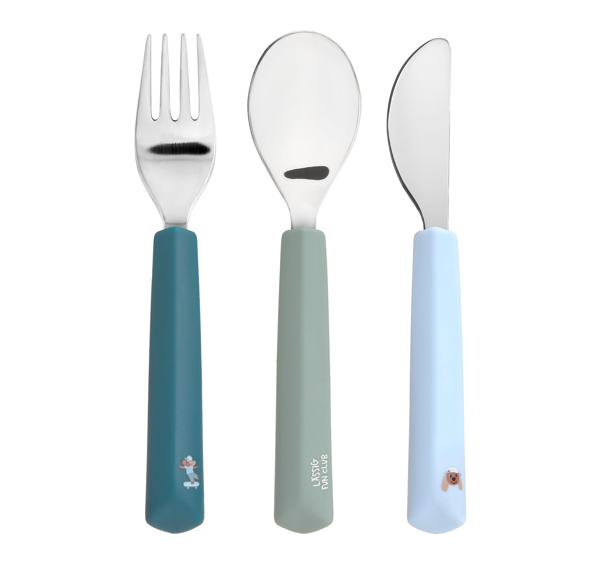LÄSSIG Kinderbesteck Set 3-teilig Gabel, Löffel, Messer Edelstahl Silikongriff/Cutlery with Silicone Handle Tiny Team Dog