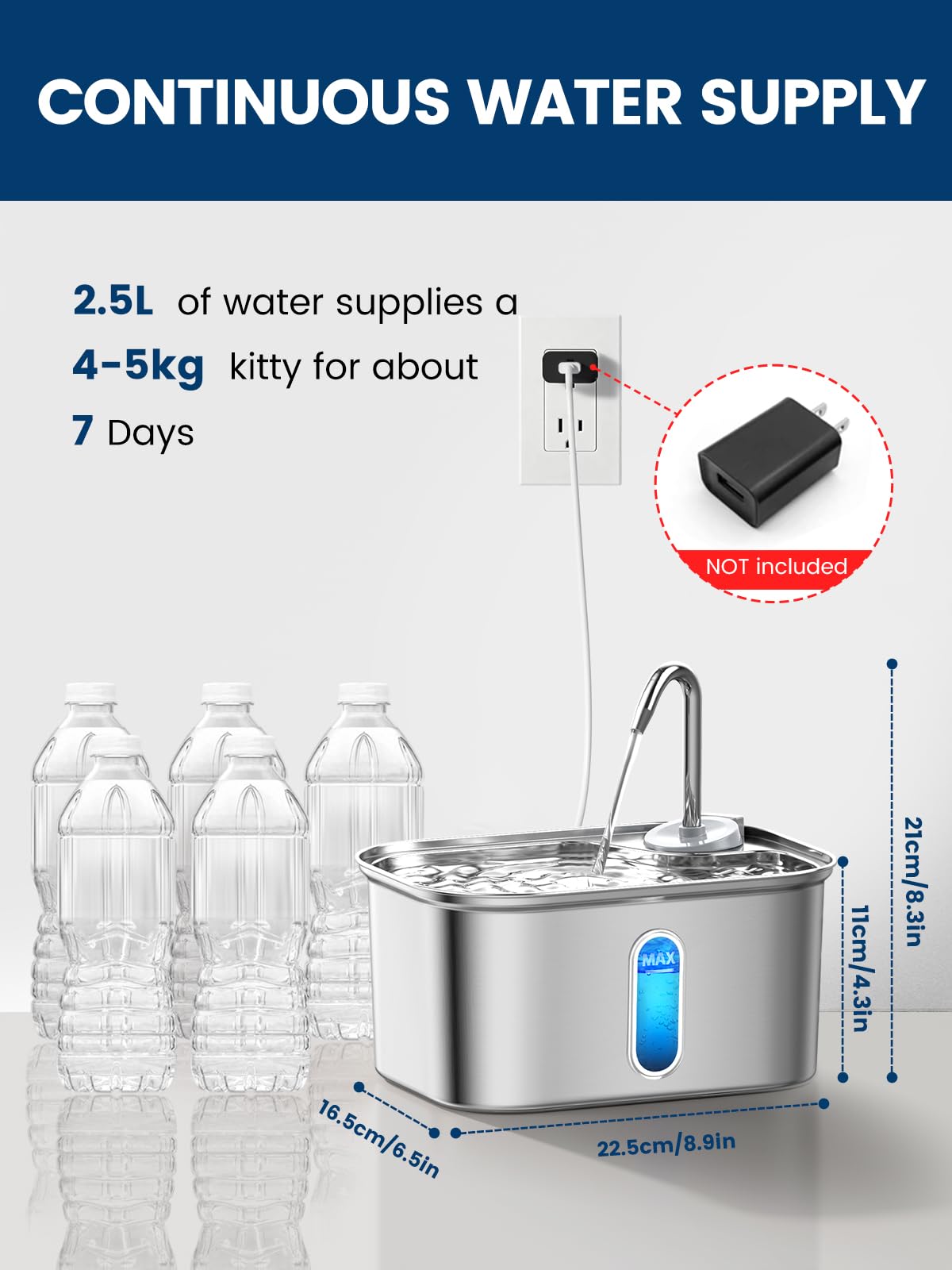 Fuente de agua para gatos de acero inoxidable para gatos de interior, 2.5 L, 2,409.7 g por SUS304 sin BPA, eficaz filtro de 6 capas fuente de agua para gatos para beber 20 dB Fuente de agua de metal