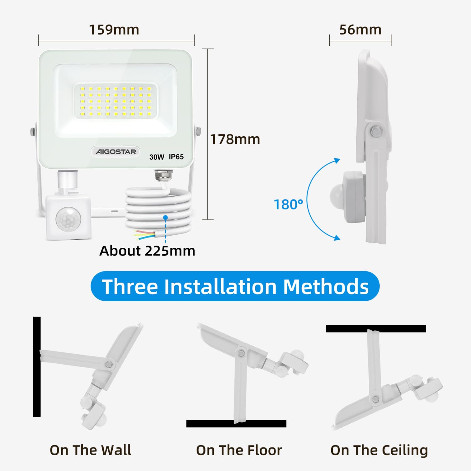 Aigostar 30W Foco LED Exterior con Sensor Movimiento PIR Blanco，2 piezas，2750LM Super Brillo Proyector LED Interior， IP65 Impermeable，Blanco Frío 6500K，Luz de Seguridad para Jardín，Patio，Garaje， etc.