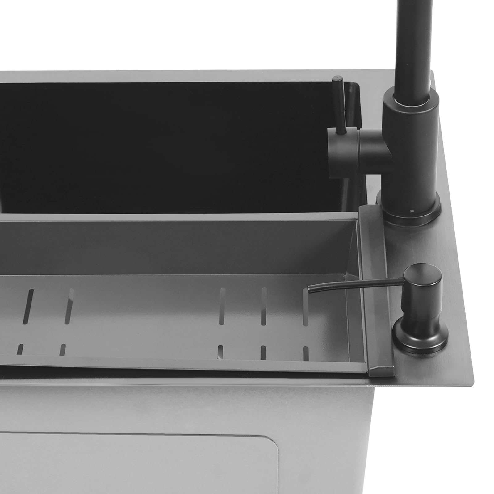 Fregadero negro 45 x 45 x 18 cm, juego de fregadero de cocina empotrable, 1 lavabo + grifo de cocina extensible de 60 cm + colador + tubo de sifón, fregadero multifuncional de acero inoxidable