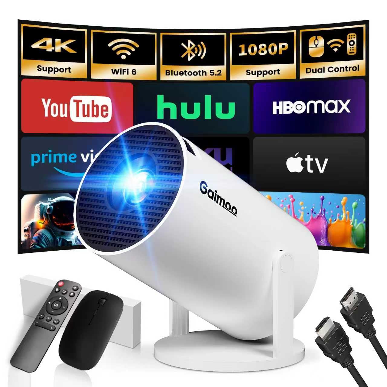 Photo 1 of [Built-in App & Smart Projector] Mini Projector 2026 Upgraded Support 4K 1080P FHD Portable Projector WiFi 6 BT5.2 180° Keystone Compatibile with HDMI/TV Stick/Memory Stick/Laptop, White