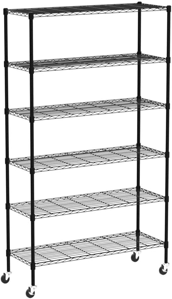 Dkeli 6 Tier Shelf Adjustable Heavy Duty 2100Lbs Capacity Metal Storage Shelves on Caster 45x18x82 Steel Wire Rack for Garage Basement Pantry, Black