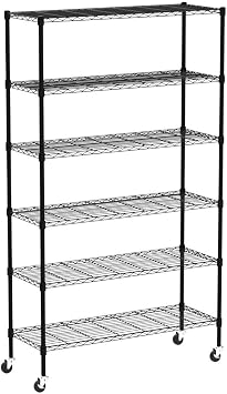 Dkeli 6 Tier Shelf Adjustable Heavy Duty 2100Lbs Capacity Metal Storage Shelves on Caster 45x18x82 Steel Wire Rack for Garage Basement Pantry, Black
