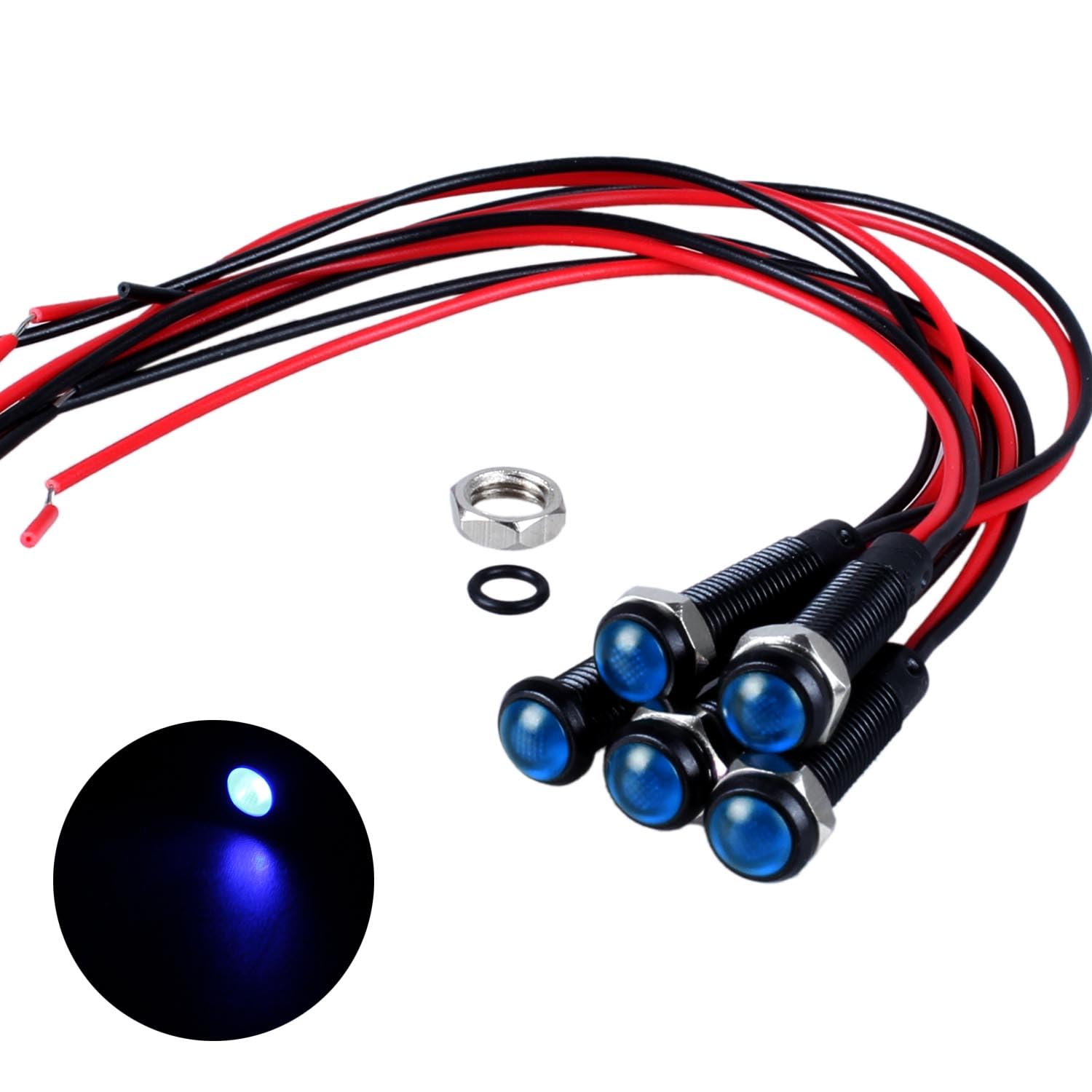 Photo 1 of DMWD 5pcs 6mm LED Indicator Light Plastic Black Signal Dot Lamp 12V-24V 1/4" Mounting Hole Size with 15cm/5.9in. Wire (Blue LED)