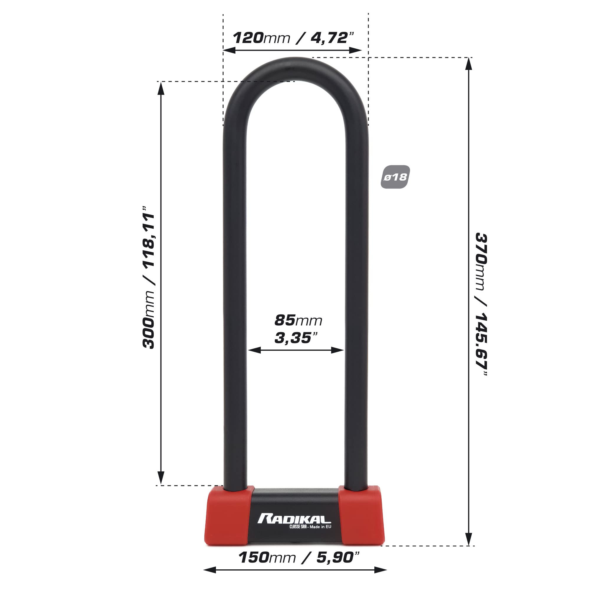 RADIKAL RK300R Antivol Moto et Vélo Premium Homologué SRA, U Ø18mm en Acier Cémenté, Blocage Haute Sécurité, Double Verrouillage, Revêtement Protecteur, Antivol Vélo Électrique Scooter, 85x300mm