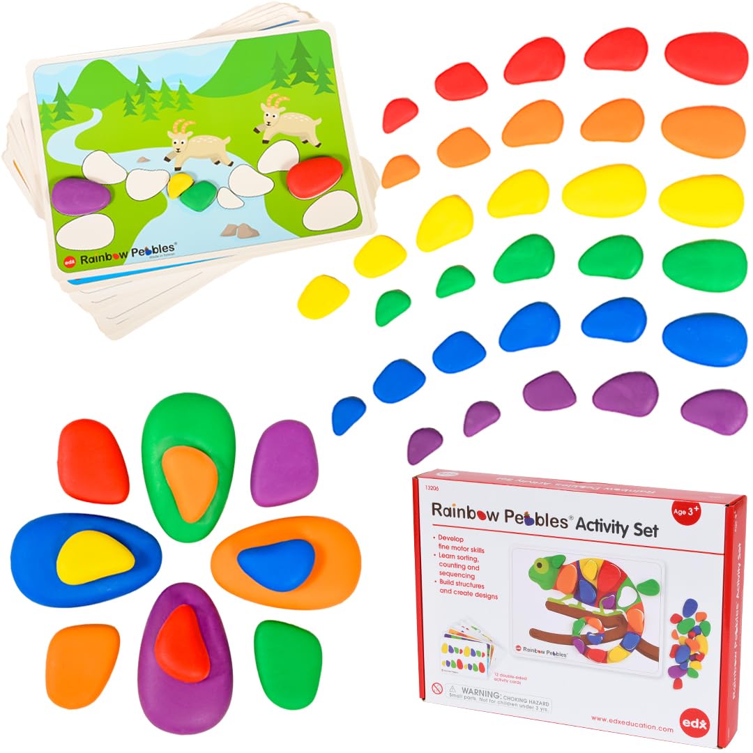 EDX Education 13206 Rainbow Pebbles Activity Set - Sorting and Stacking - Construction - Early Math Activity, 48 Pebbles and Fil
