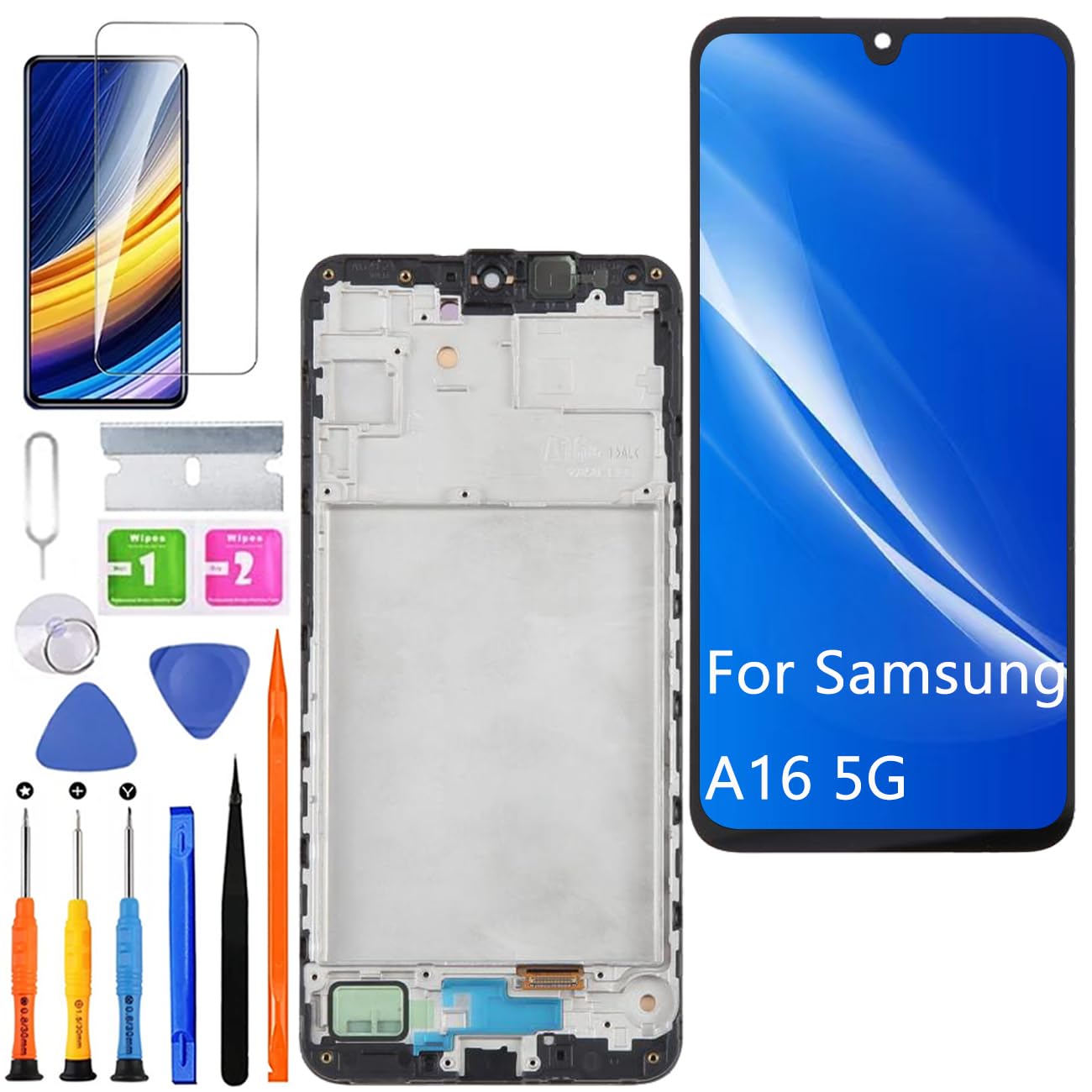 Display LCD per Samsung Galaxy A16 5G A166B A166B/DS A166P A166E - Kit di riparazione dello schermo LCD (blu con cornice, senza impronte digitali)