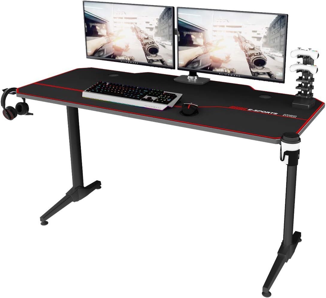 SDHYL 55inches Gaming Table Large Office PC Computer Desk Pro Gamer Desk with Full Cover Mousepad, USB Rack, Headphone Holder and Cup Holder,Black S7-US-ST-Eagle-1400BK