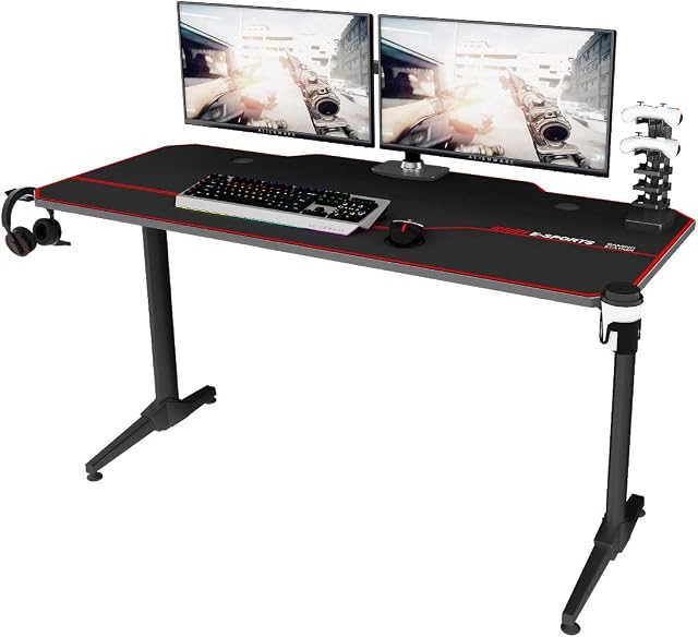 sogesfurniture Gaming Desk Ergonomic Computer Desk PC Gaming Desks with Free Large Mouse Pad, USB Gaming Handle Rack, Cup Holder & Headphone Hook, 140x65x75cm, Black ST-Eagle-1400BK-BH