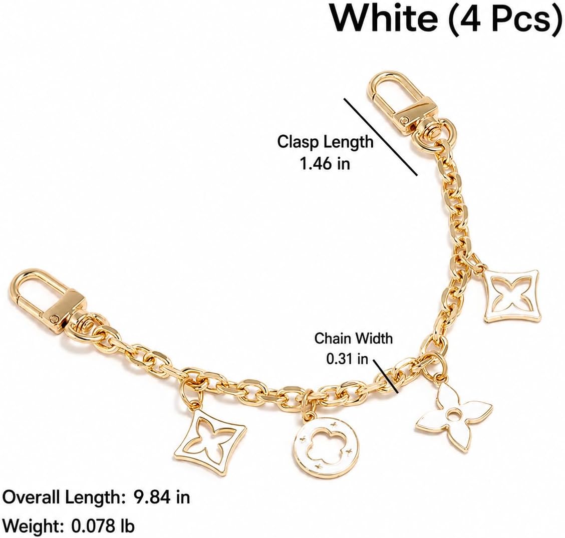 Floral Purse Chain Strap for Women, Pink Flower Bag Charm Chain with Lobster Clasps, Decorative Handbag Strap Extender for Wallet Tote Shoulder Bag (Four Four-Leaf Clovers - White)