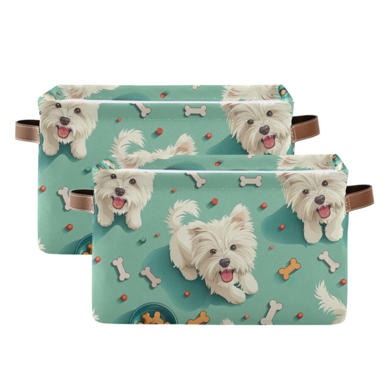 PaChyLuu West Highland Terrier Storage Basket Bin Canvas Fabric Organizer Toys Basket with Handles for Home Office Nursery, Clothes, Gifts, 2 Pcs