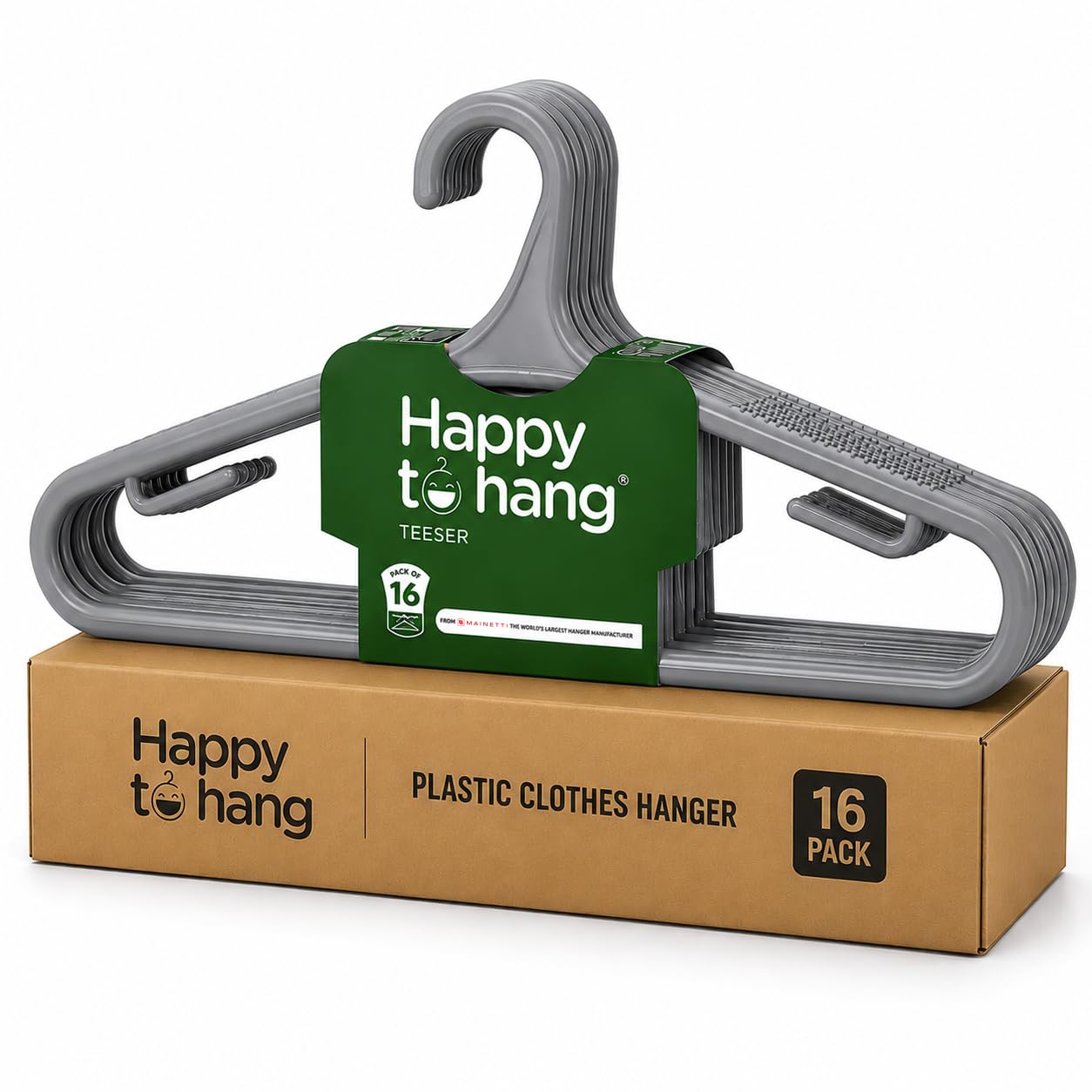 Happy To Hang Teeser Plastic Cloth Hangers | Stylish Italian Design | Sturdy 100% Virgin Plastic Hanger Set for Shirts, Tees, Sarees & Dresses | Wardrobe & Almirah Hangers (Pack of 16, Grey)-image-9