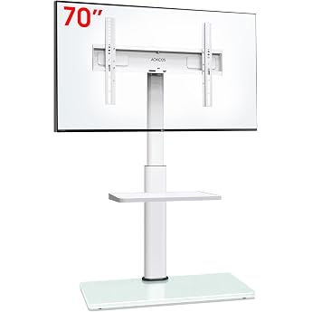 AOKCOS TV Stand TV Floor Stand for 32-70 Inch TVs up to 40 kg TV Stand with 2 Tier Shelves TV Stand Height Adjustable Swivelling Tilt Max VESA 400 x 400 mm White