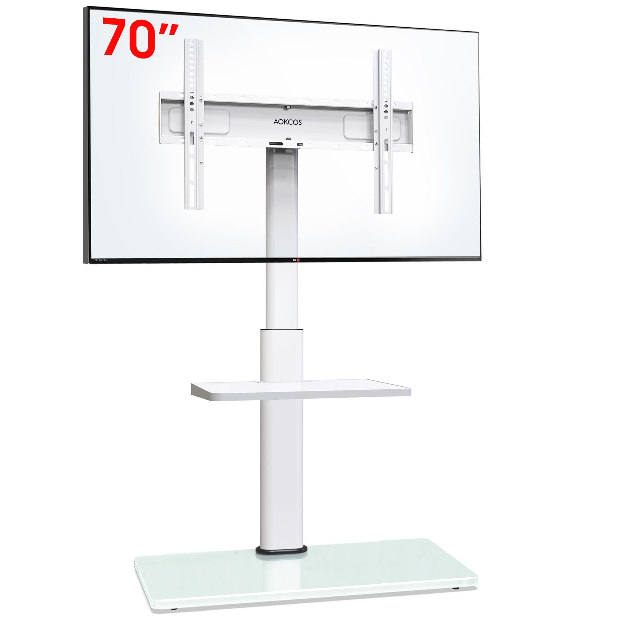 AOKCOS Stojak pod telewizor, do telewizorów 32-55, 65, 70", pochylany, wychylny, z regulacją wysokości, uniwersalny stojak pod telewizor z półką, maks. VESA 400x400mm 40kg biały