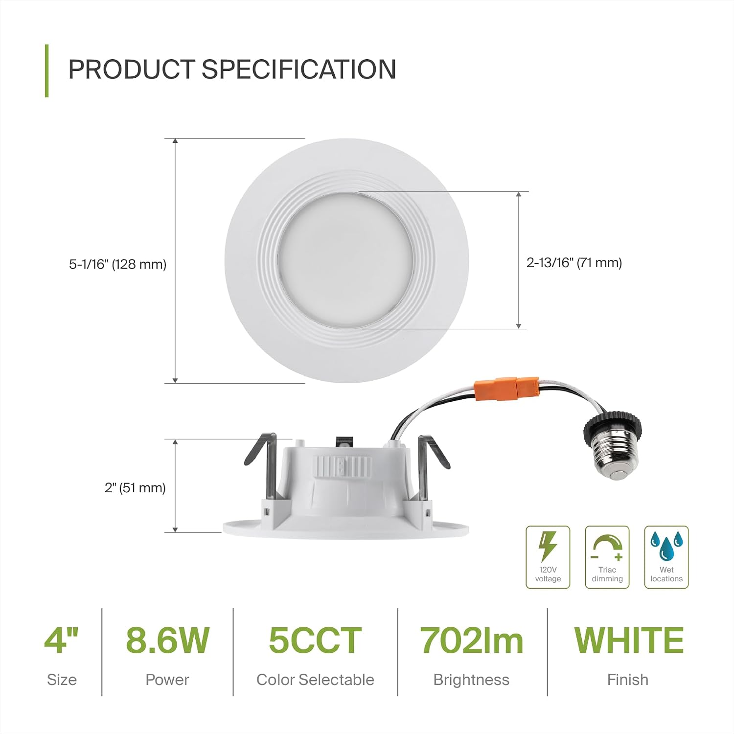 ASD 6 Pack 4 Inch Retrofit LED Recessed Light - 9W 2700K-5000K 700LM Retrofit LED Recessed Lighting 4 Inch, Dimmable Recessed Lights, Wet Rated Baffle Trim Can Lights, UL