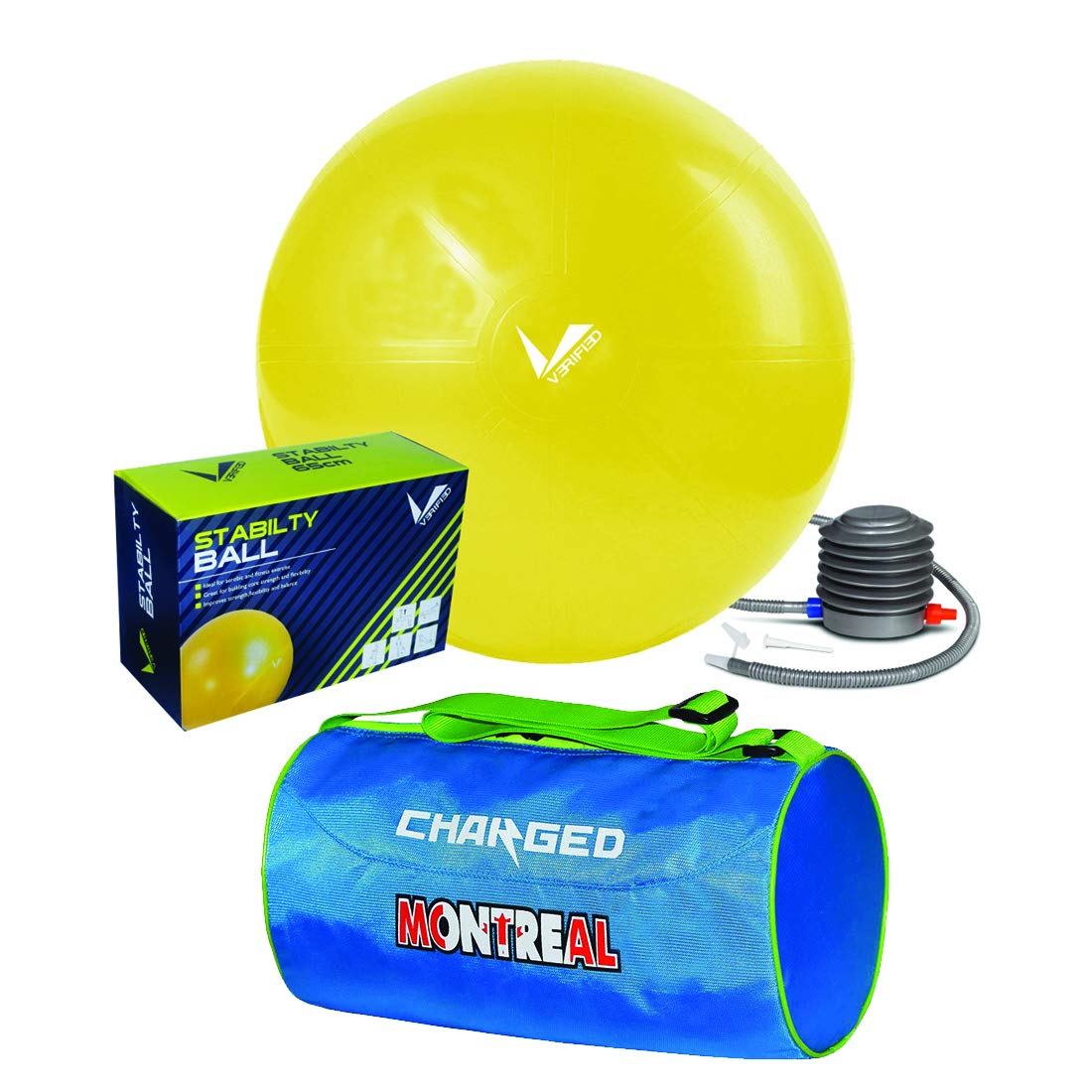 VERIFIED Gym Set with VERIFIED 65 CM Stability Ball and Charged Montreal Small Gym Bag Sky