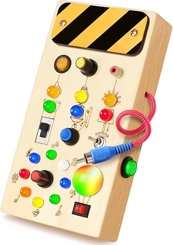 POLKRANE Tablero de actividades con luz LED, juguetes Montessori con interruptor de palanca, juguetes de viaje y juguete de madera para actividades