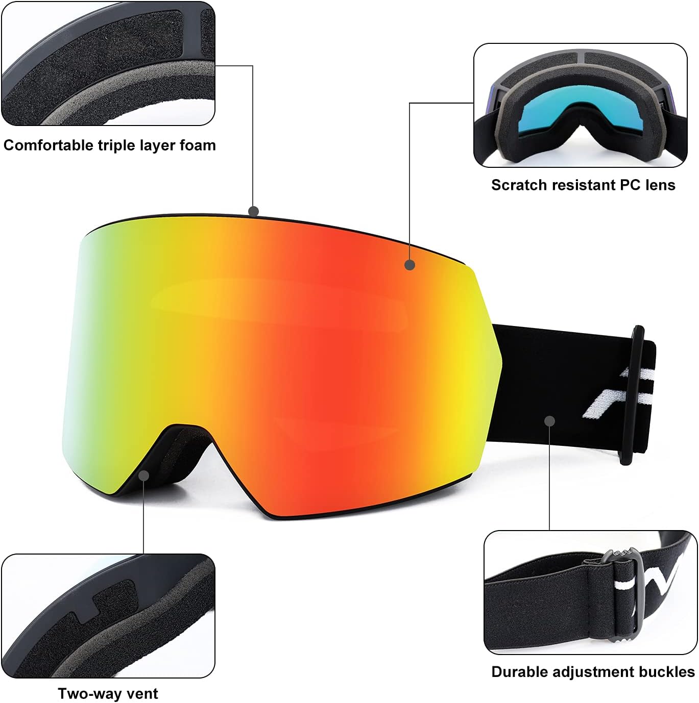 FMY Ski Goggles for Men Women & Youth - Anti Fog UV400 Protection Snowboard Snow Skiing Goggles for Adult