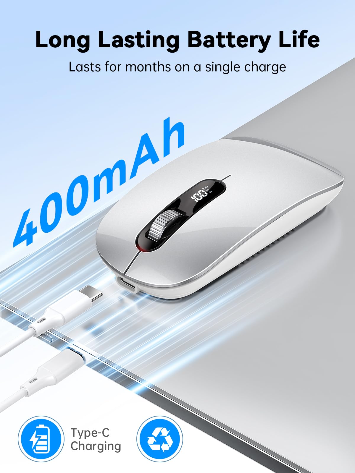 Mouse Bluetooth senza fili, Bluetooth 5.0/4.0 e 2.4G Tri-Mode, ricaricabile di tipo C con display a LED, clic silenzioso ergonomico per laptop/PC/tablet, multi-dispositivo e uso in ufficio