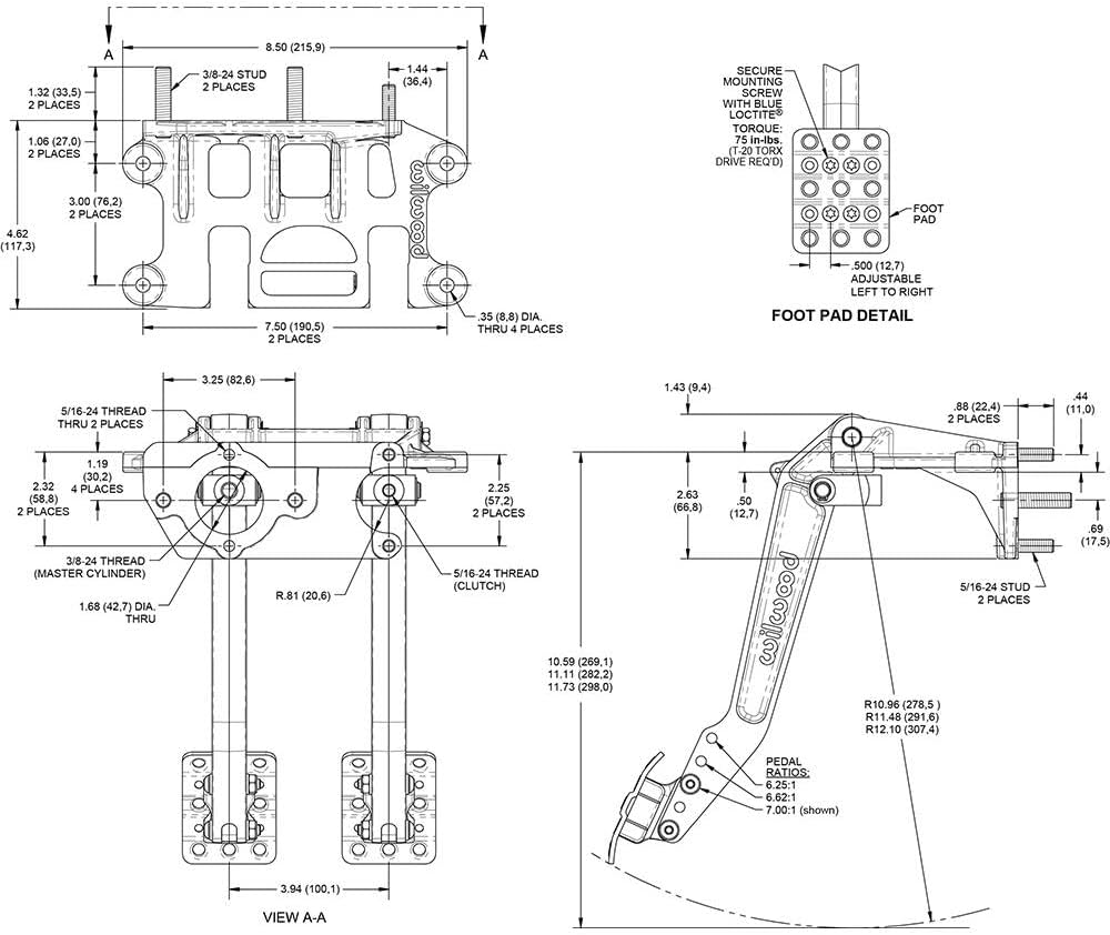 Wilwood 340-16384 スイングマウントタンデムブレーキ/クラッチペダル、6.25-7:1