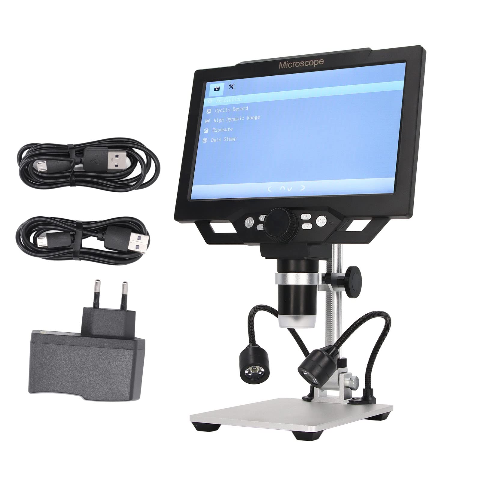 Fafeicy 9-Zoll-LCD-Digitalmikroskop 1600X 12MP 1080P USB-Mikroskop mit 8 LED-Leuchten, Verstellbarem Ständer, für die Münzlöt-PCB-Inspektion (EU-Stecker)