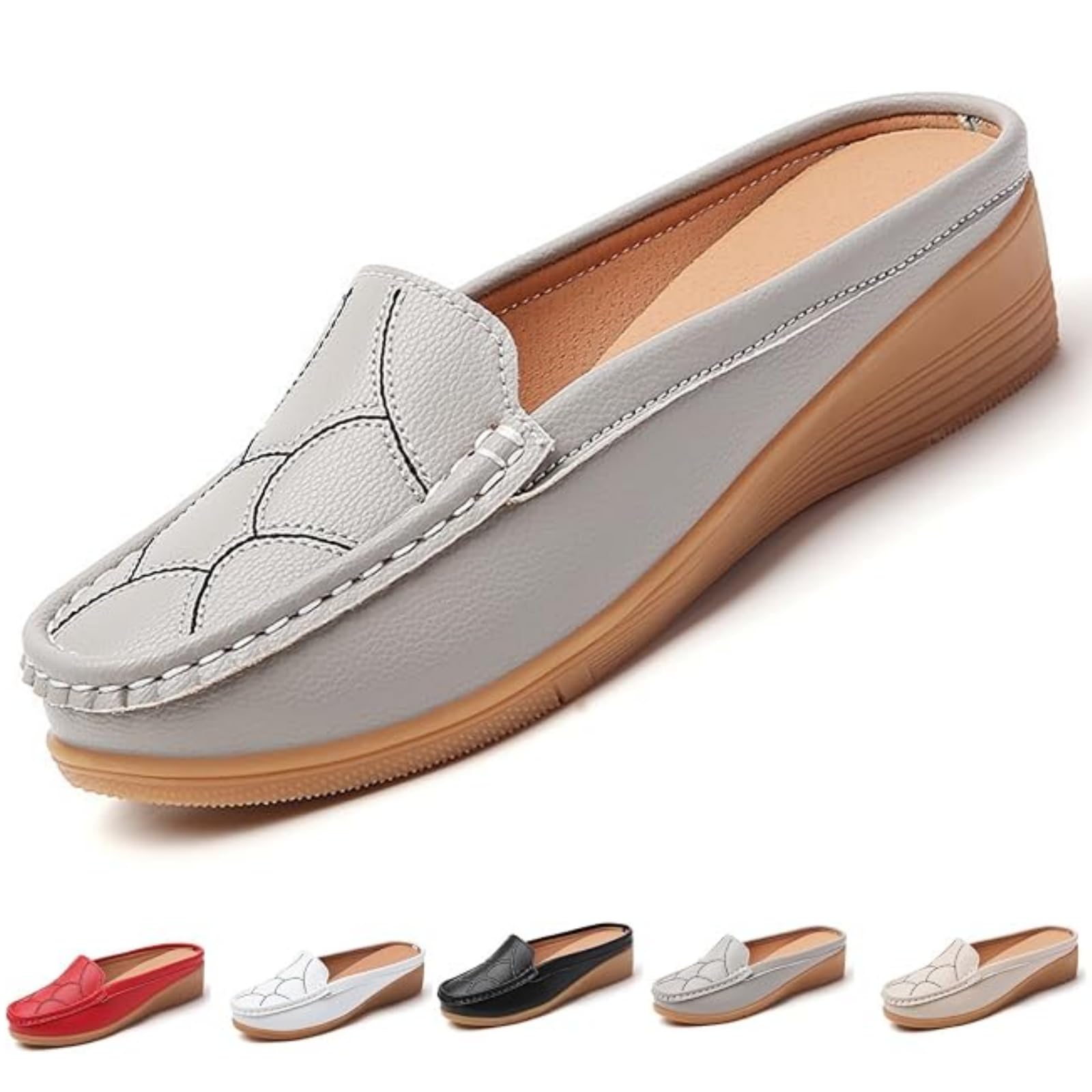 Damen-Slipper aus Leder, Keilabsatz, rückenfrei
