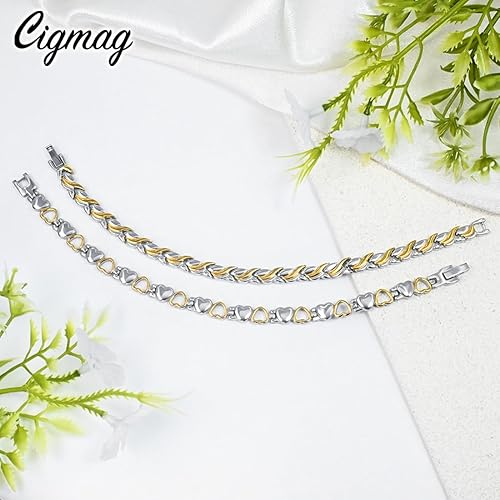 Vista 8 de Pulseras magnéticas para mujer, pulsera de titanio, imán de fuerza con herramienta ajustable (2 piezas) Cola de pez dorada plateada,1 cola de pez