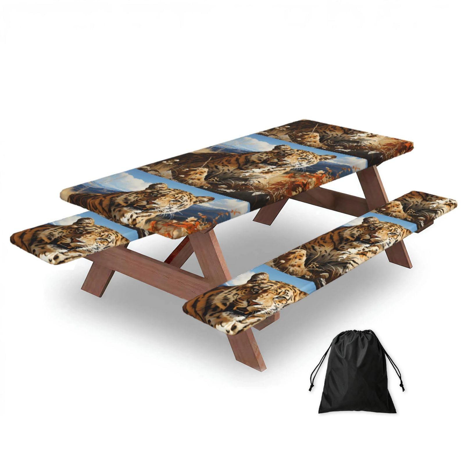 Hhbiuuo Black 72In Camping Table Cover & Bench Covers 3-Pack Set, Leopard In Search Of Prey Print Tablecloths, For Rectangle Tables Picnic