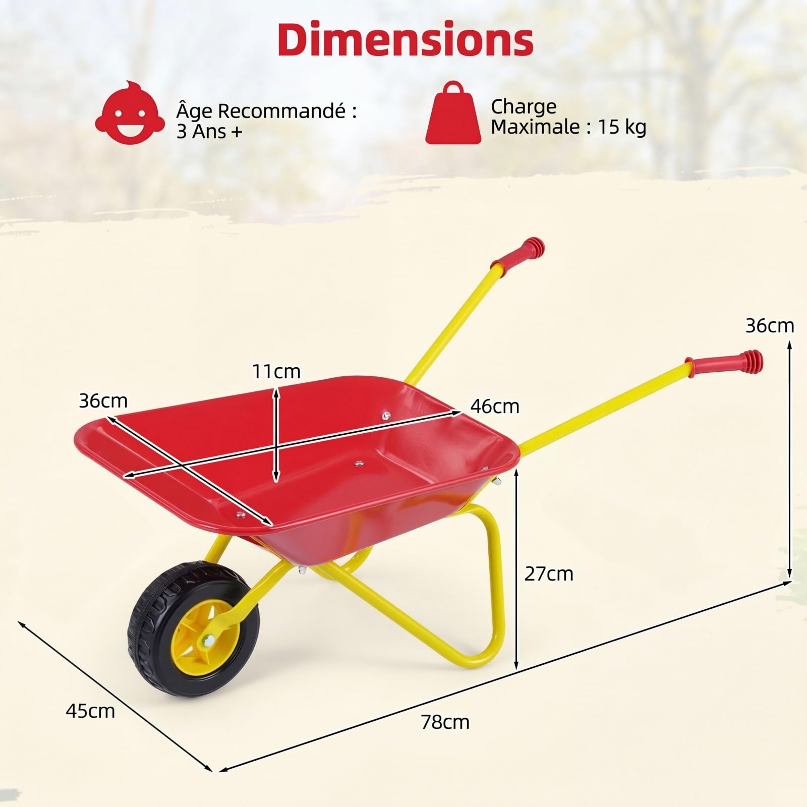 COSTWAY Brouette Enfant en Métal, Brouette Jardin Enfant avec Structure Métallique et Pneus Tout-Terrain, Idéal pour Jardin et Bac à Sable, Charge 15kg à Partir de 3 Ans, 78x45x36cm (Rouge)