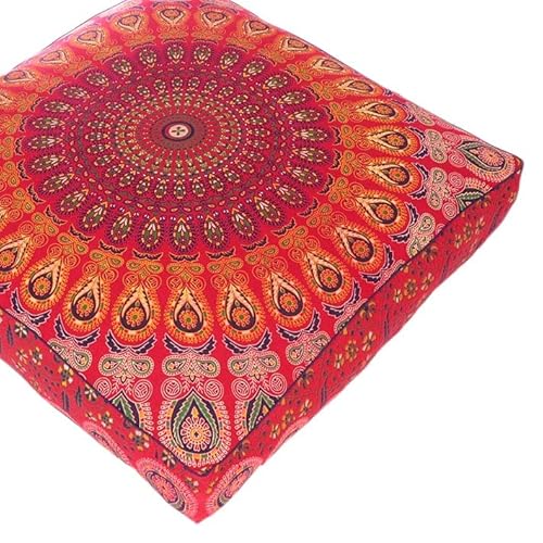 Eyes Of India - 35" Red Large Oversized Mandala Square Floor Meditation Pillow Cover Pouf Cushion Seating Hippie Colorful Decorative Bohemian Accent Boho Chic Dog Bed Indian Handmade *Cover Only* #TOP3