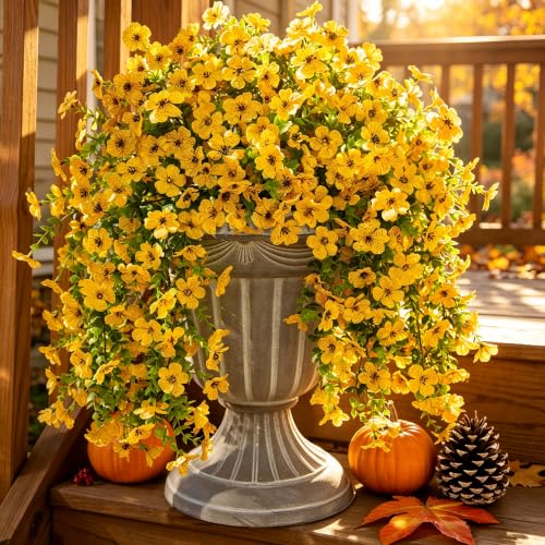 HyeFlora Artificial Hanging Flowers for Outdoors Decoration, 2pcs Fake Daisy with Eucalyptus Leaves for Garden Yard Porch (Yellow)