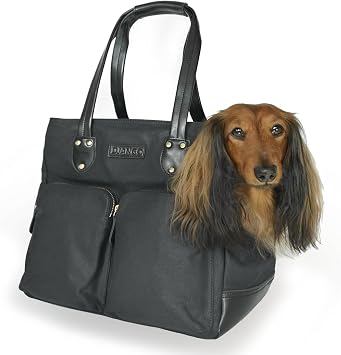 DJANGO Waxed Canvas & Leather Dog Carrier Tote Bag Premium Soft-Sided Travel Dog Purse with Safety Leash, WR Lining, Zipper Pockets Everyday Pet Carrier for Small Dogs up to 20 lbs Black, Large
