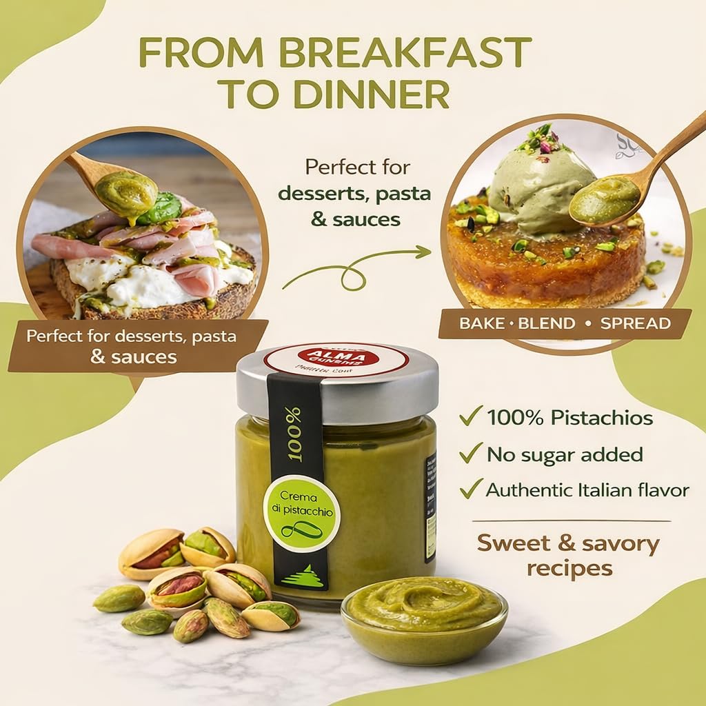 Alma Gourmet 100% Pistachio Butter Spread - Pure Pistachio Paste Cream Imported From Sicily, Italy - 100% Italian Pistachios - Only 1 Ingredient, No Additives or Preservatives - Perfect for Baking, Ice Cream & Dubai Chocolate Recipes - 6.7 oz (190g) (Pack of 3)