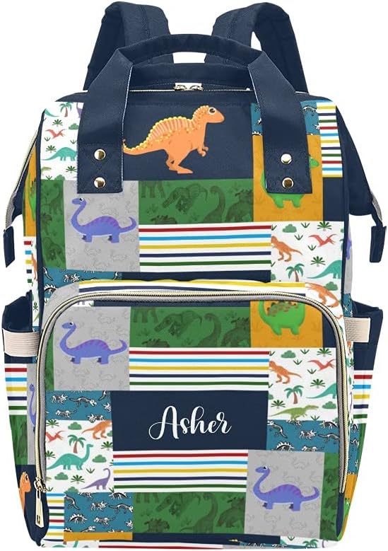 Dinasaur Faux Patchwork Quilt Personalized Diaper Bag Backpack Tote with NameCustom Travel Nappy Mommy Bag Backpack for Baby Girl Boy Gift 10.83inch * 6.69inch* 15inch