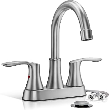 Phiestina 4 Inch 2 or 3 Hole Brushed Nickel Bathroom Sink Faucet RV Swivel 2 Handle Centerset Bath Vanity Faucet, with Water Supply line & Metal Pop-up Drain,TY36-BN