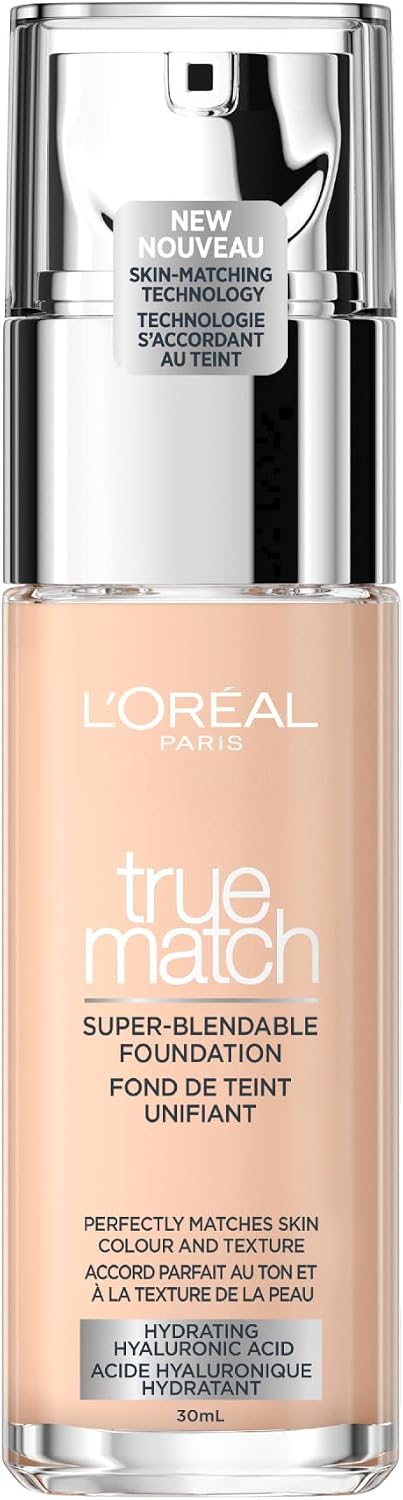 L'Oreal Paris True Match Super-Blendable Foundation, Medium Coverage Liquid Foundation Makeup, Skincare Infused with Hyaluronic Acid, 0.5N, 30 mL