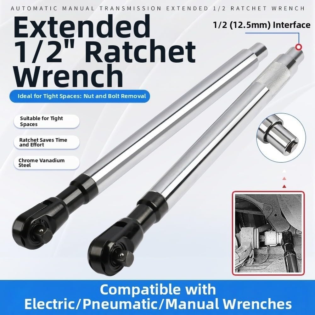 Extended Ratchet, 12-Inch 1/2-Inch Drive Chrome Vanadium Steel Hand Tool Automotive Repair – Non-Slip Textured Handle, Bidirectional Mechanism, Enhanced Reach in Tight (Knurled Style)