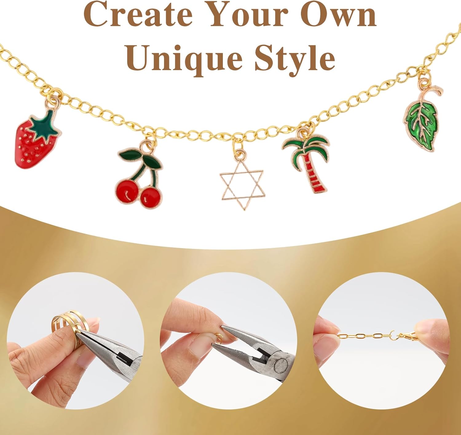 LuneClat Gold Chain Charm Bracelet Making Kit - 14K 5 Different Chains 3.28 ft, DIY Necklace Bracelets Making Accessories with Charms Pendants Jump Rings Lobster Clasps Pliers - Image 6