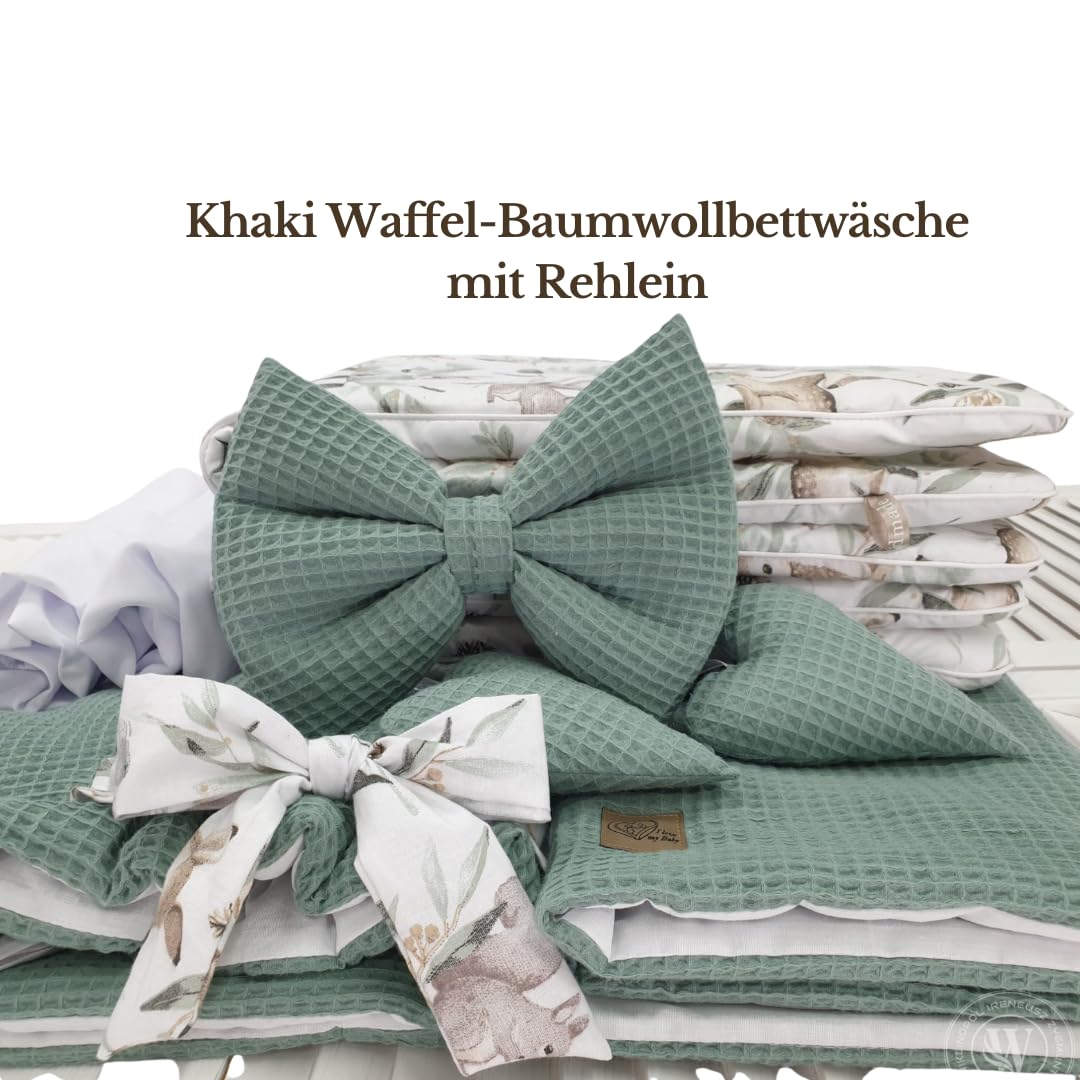 Stubenwagen Lena mit Baldachin – Babywiege mit Rollen, Matratze & Bettwäsche aus Waffelstoff mit Khaki - Rehlein, handgefertigt, grau Moseskorb aus Weide