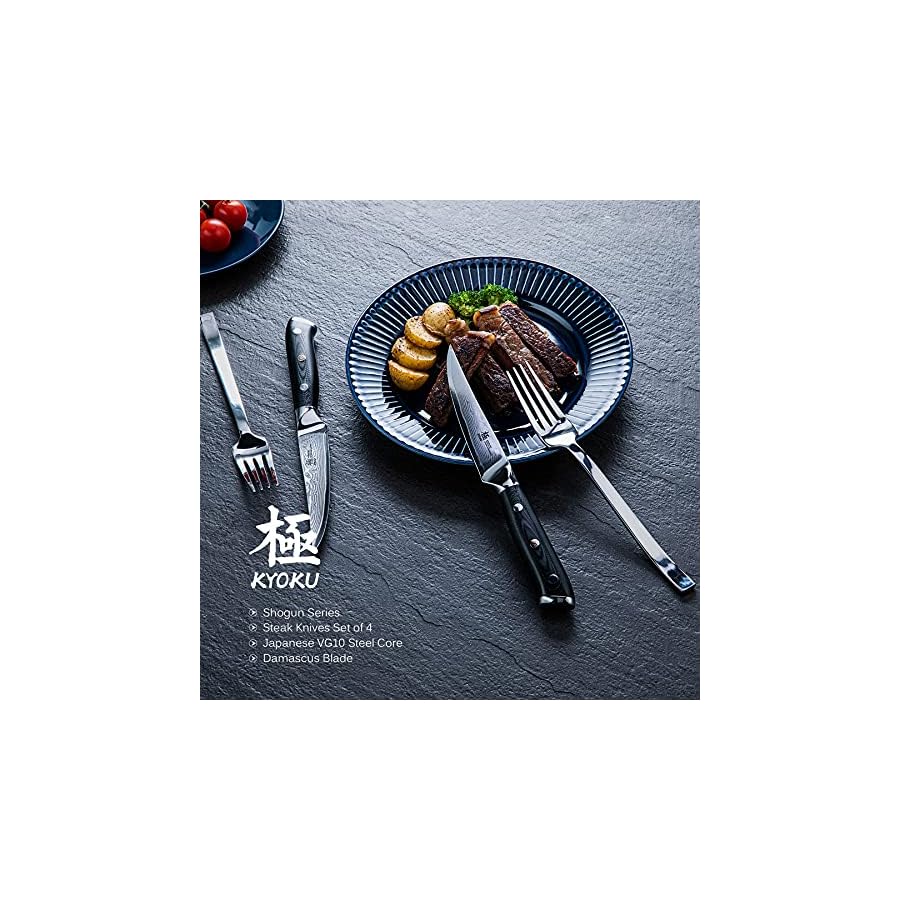 KYOKU-Damascus-Non-Serrated-Steak-Knives-Set-of-4-Shogun-Series-Japanese-VG10-Steel-with-Sheath-Case KYOKU Damascus Non-Serrated Steak Knives Set of 4 - Shogun Series - Japanese VG10 Steel - with Sheath & Case