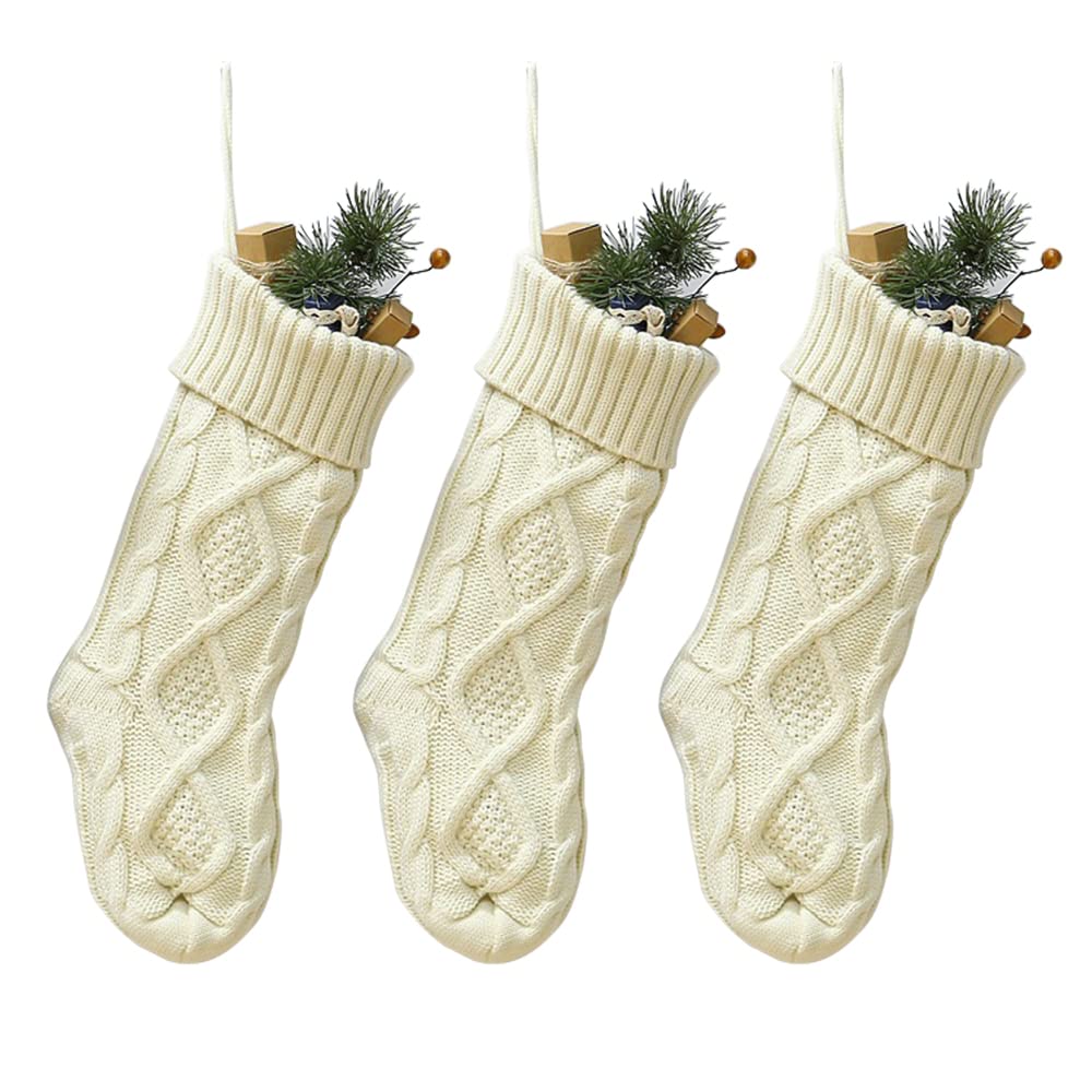 YUEWO 46cm Christmas Stockings Burgundy Ivory Green Knitted Pattern Large Fireplace Hanging Stockings Decoration Use 3 Pack (Ivory)