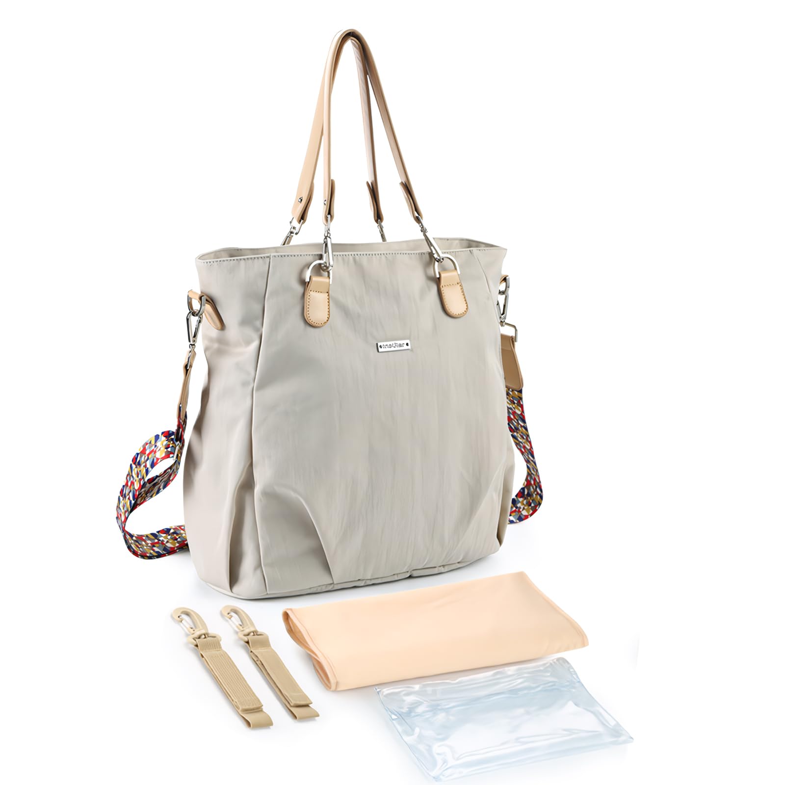 SONARIN Stylish Waterproof Baby Nappy Changing Tote Bag,Large Capacity Baby Changing Bag Satchel Messenger Bag Portable Travel Diaper Bag with Stroller Straps & Changing Mat(Ivory)