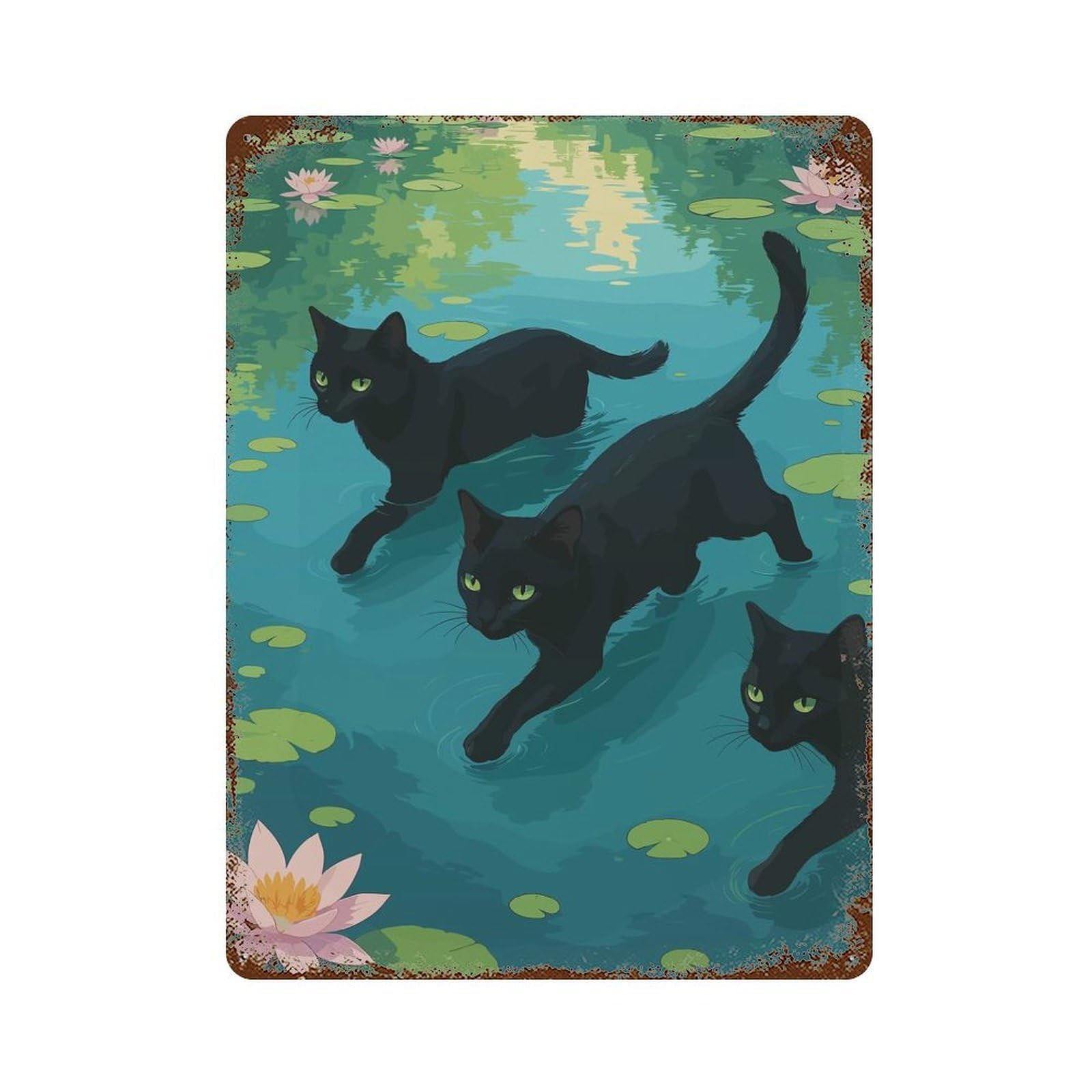 Black Cats in Lily Pond Illustration Rusty Metal Tin Sign 15.7"x11.8", Farmhouse Wall Decor for Farmhouse, Kitchen And Entryway Decor