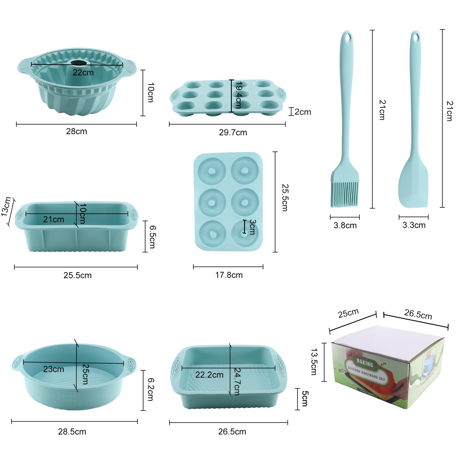 8 en 1 Moule Gâteau Silicone Antiadhésif, Moules à Muffins, Rectangulaire/Carré/Bundt Cake/Rond/Beignets Avec Grattoir à Pâte et Pinceau de Cuisson