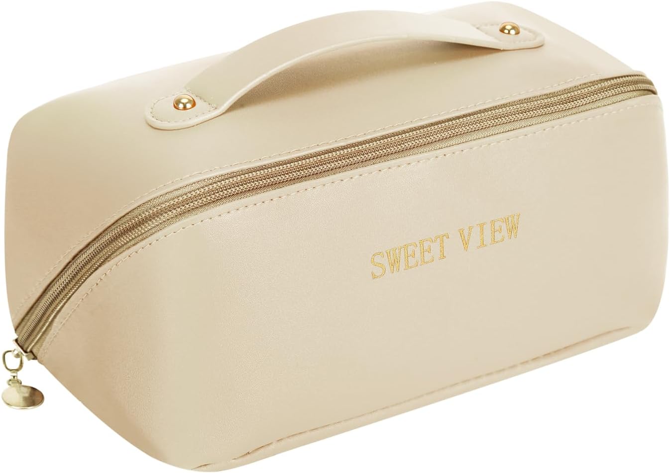 Makeup Bag, Large Capacity travel cosmetic bags, Waterproof Leather Flat Lay Toiletry Bag, Make up Organizer with Divider and Handle (Beige) Makeup Bag, Large Capacity travel cosmetic bags, Waterproof Leather Flat Lay Toiletry Bag, Make up Organizer with Divider and Handle (Beige)